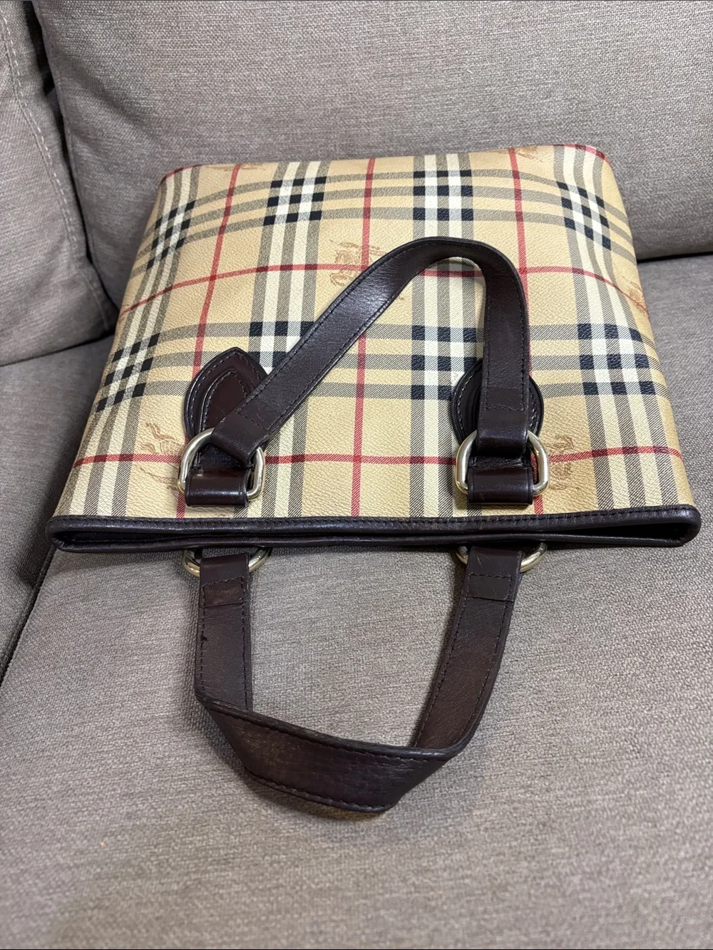 Burberry Vintage Small Haymarket Check Tote Brown Leather Trim with COA